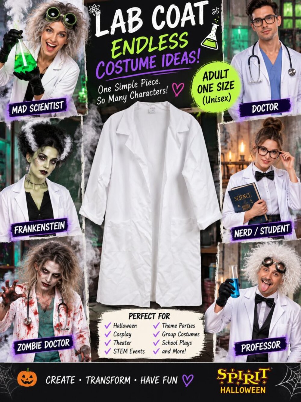 Spirit Halloween Adult Lab Coat Costume Mad Scientist Doctor DIY Cosplay Unisex